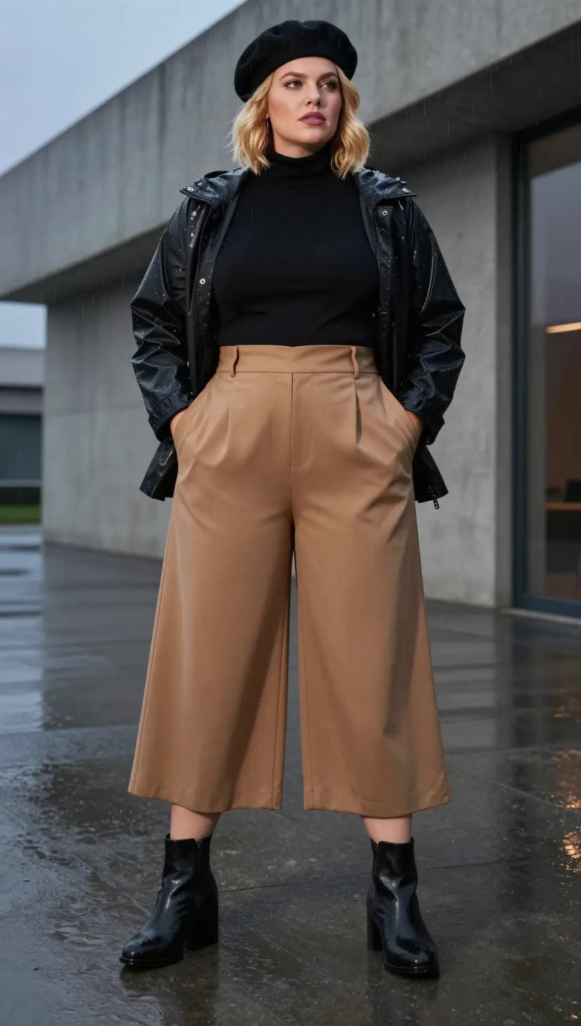Black Turtleneck Top + Camel Wide Leg Trousers + Black Patent Ankle Boots