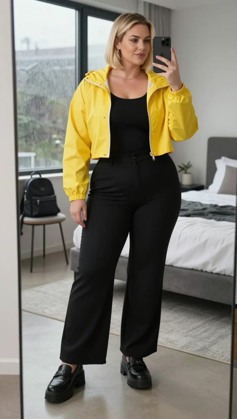 Yellow Nylon Cropped Jacket + Black Ribbed Tank Top + Black Wide-Leg Trousers