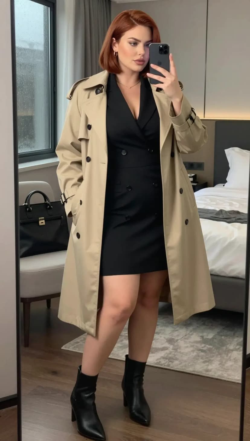 Beige Cotton Trench Coat + Black Crepe Blazer Dress + Black Leather Ankle Boots