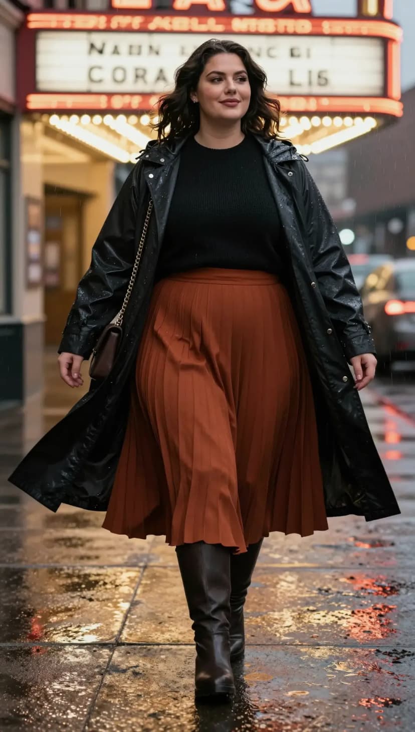 Black Knit Sweater + Burnt Orange Pleated Midi Skirt + Black Leather Trench Coat