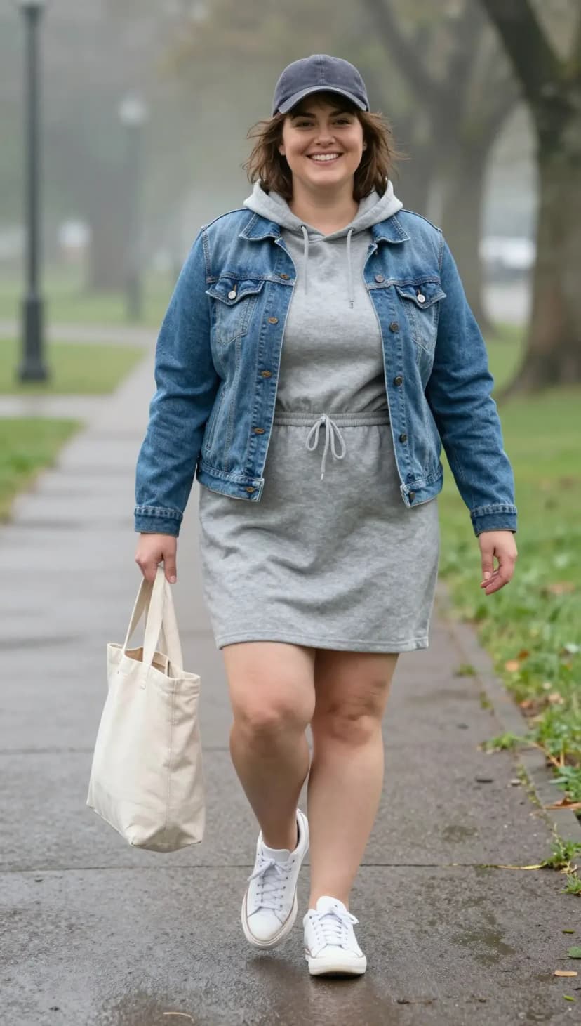 Grey Cotton Sweatshirt Dress + Blue Denim Jacket + Navy Cotton Baseball Cap