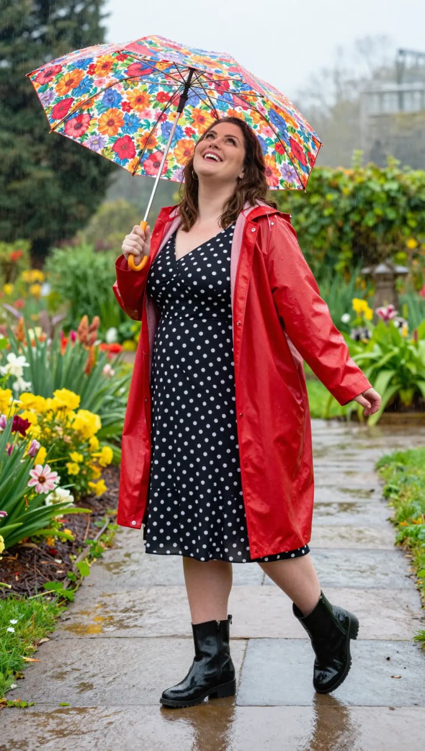Red Raincoat + Black Polka Dot Dress