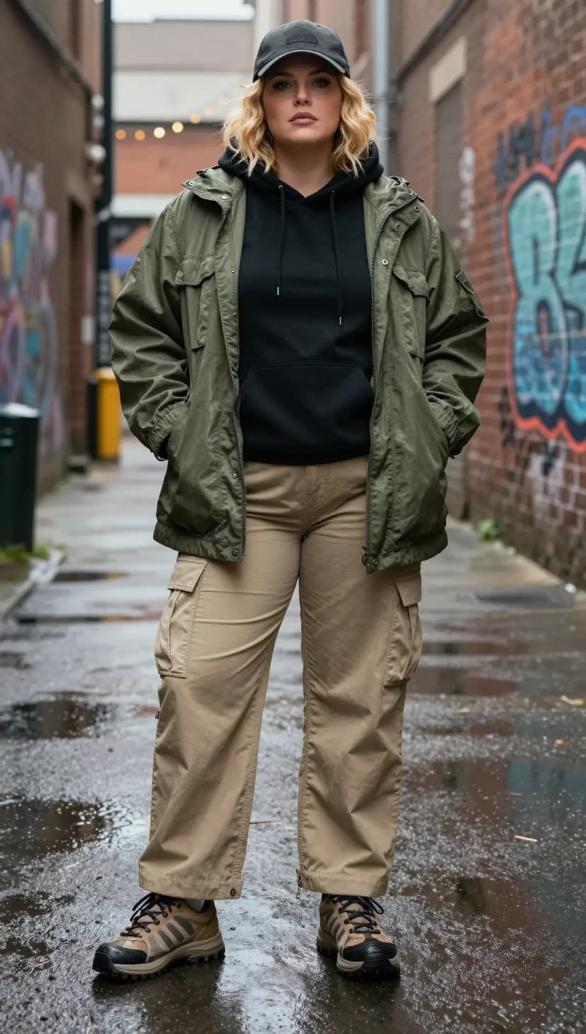 Black Cotton Hoodie + Olive Cotton Jacket + Tan Cotton Cargo Pants