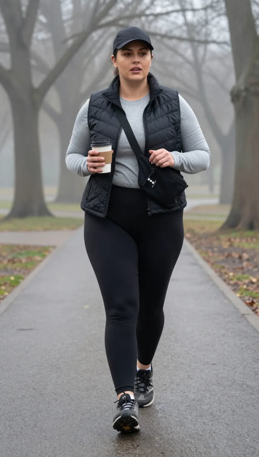 Grey Long Sleeve Top + Black Puffer Vest + Black Leggings