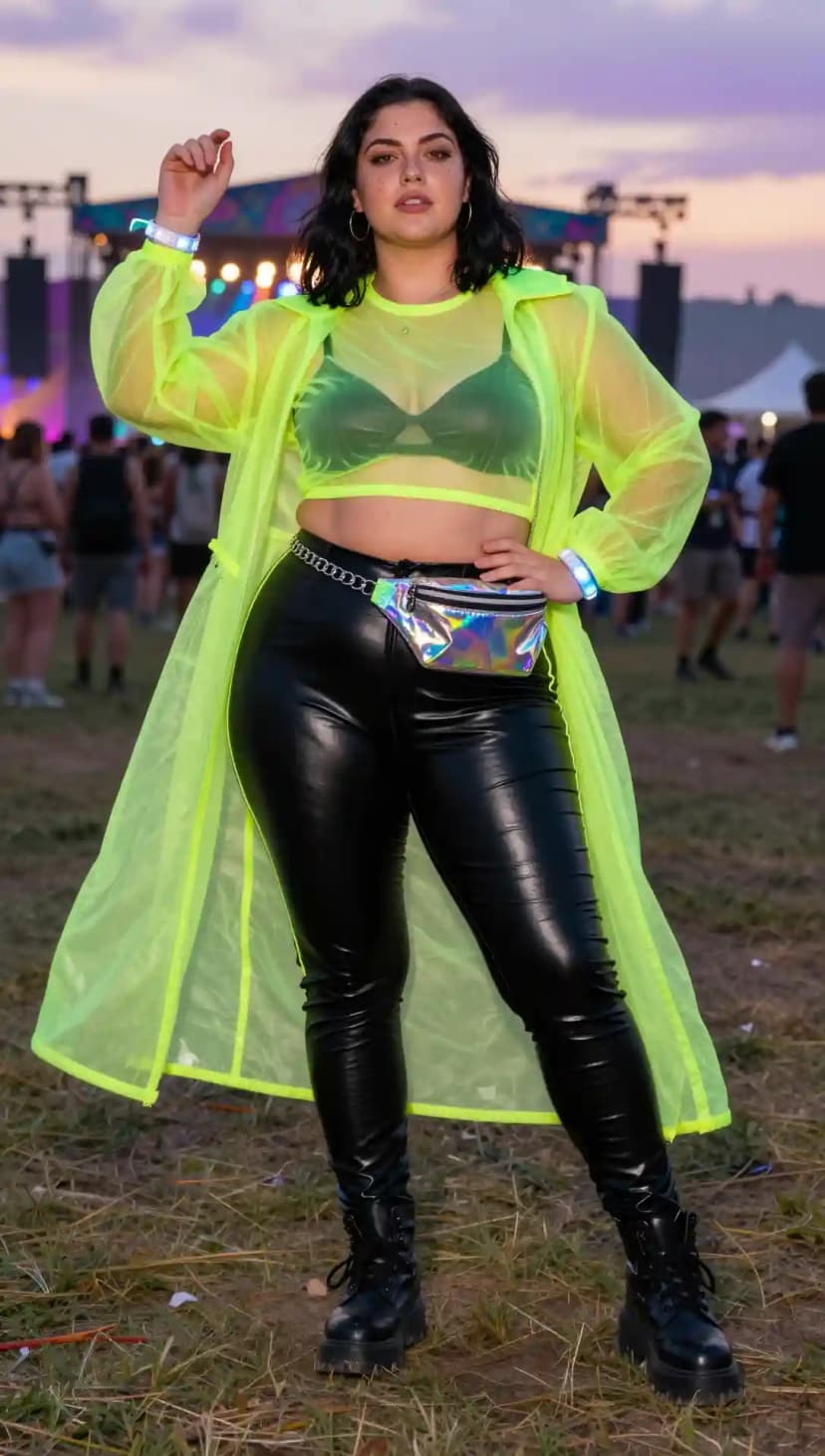 Neon Mesh Duster + Green Bralette + Faux Leather Pants