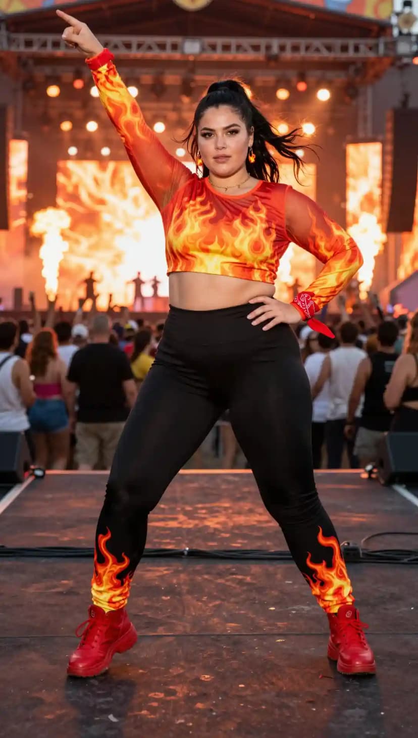 Flame Print Mesh Crop Top + Black High-Waisted Leggings + Red Platform Boots