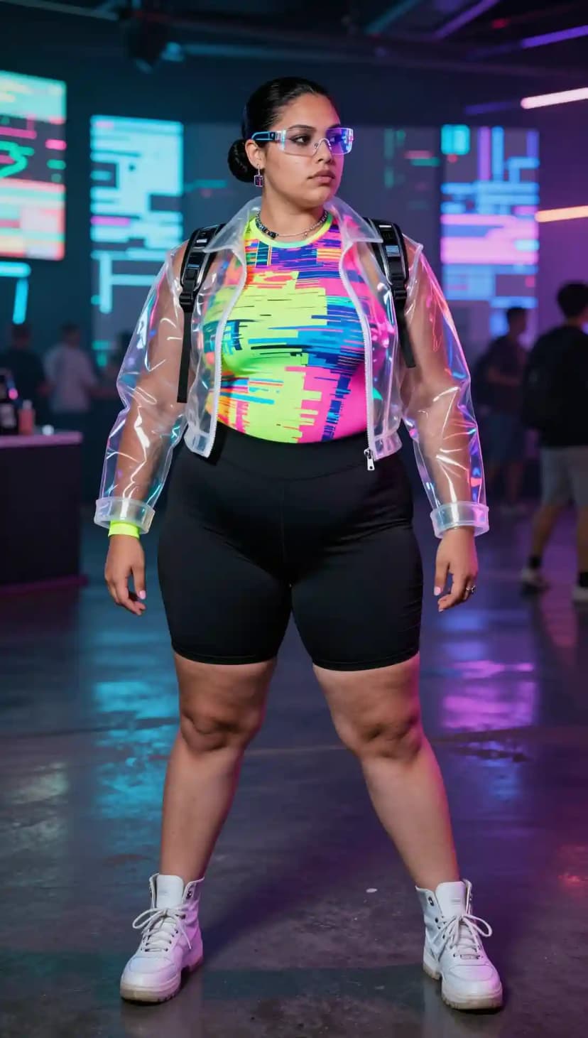 Colorful Graphic Tank Top + Black Bike Shorts + Clear Vinyl Jacket