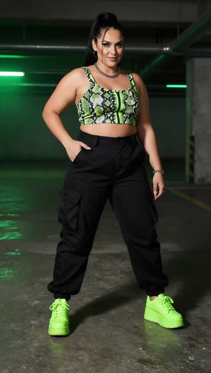 Lime Snake Print Zip Crop Top + Black Cargo Pants + Neon Green Platform Sneakers