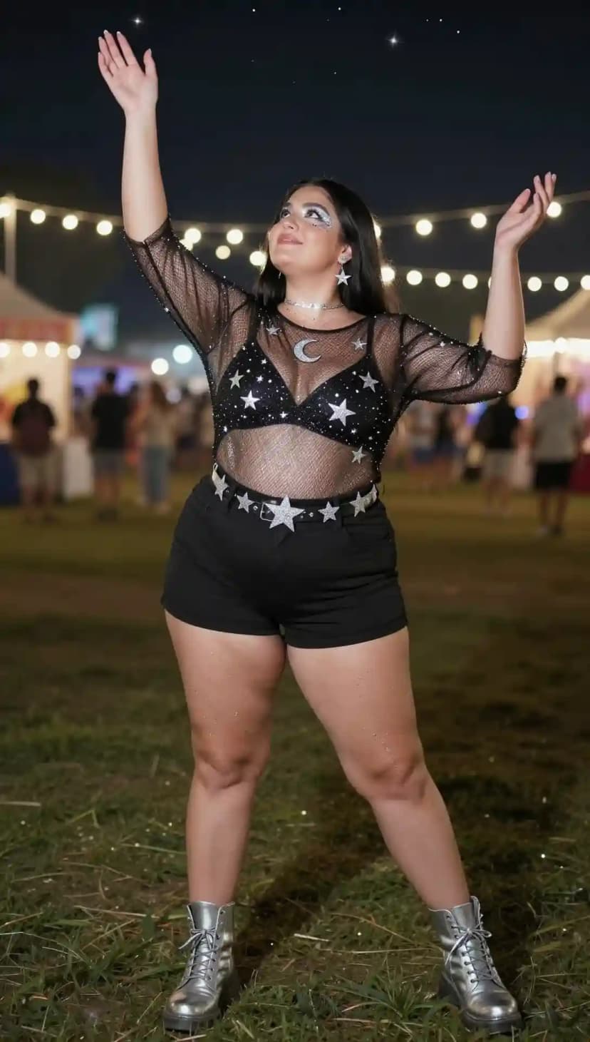 Sparkly Star Mesh Top + Black High-Waisted Shorts + Silver Combat Boots