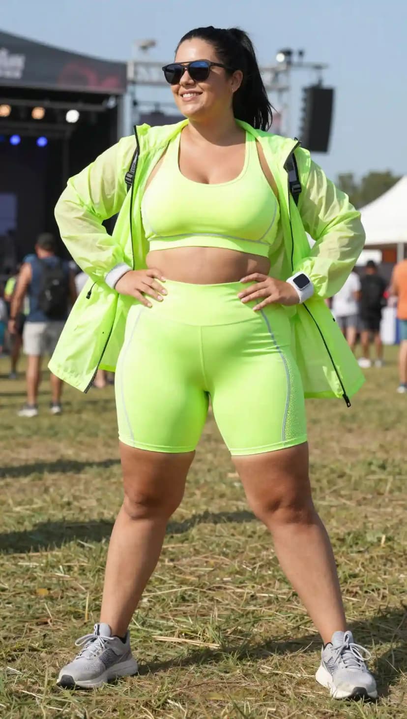 Neon Green Sports Bra + Neon Green Biker Shorts + Neon Green Windbreaker Jacket