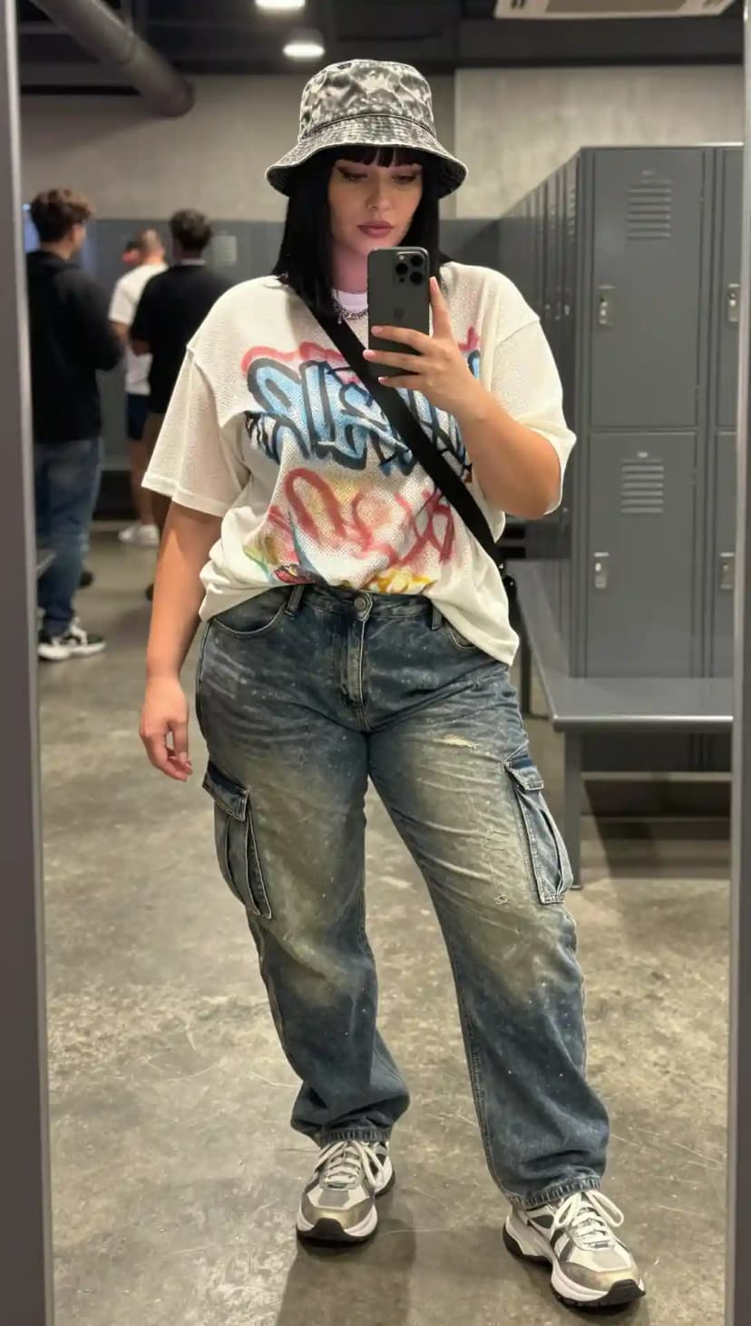 Mesh Graphic Tee + Distressed Cargo Jeans + Bucket Hat