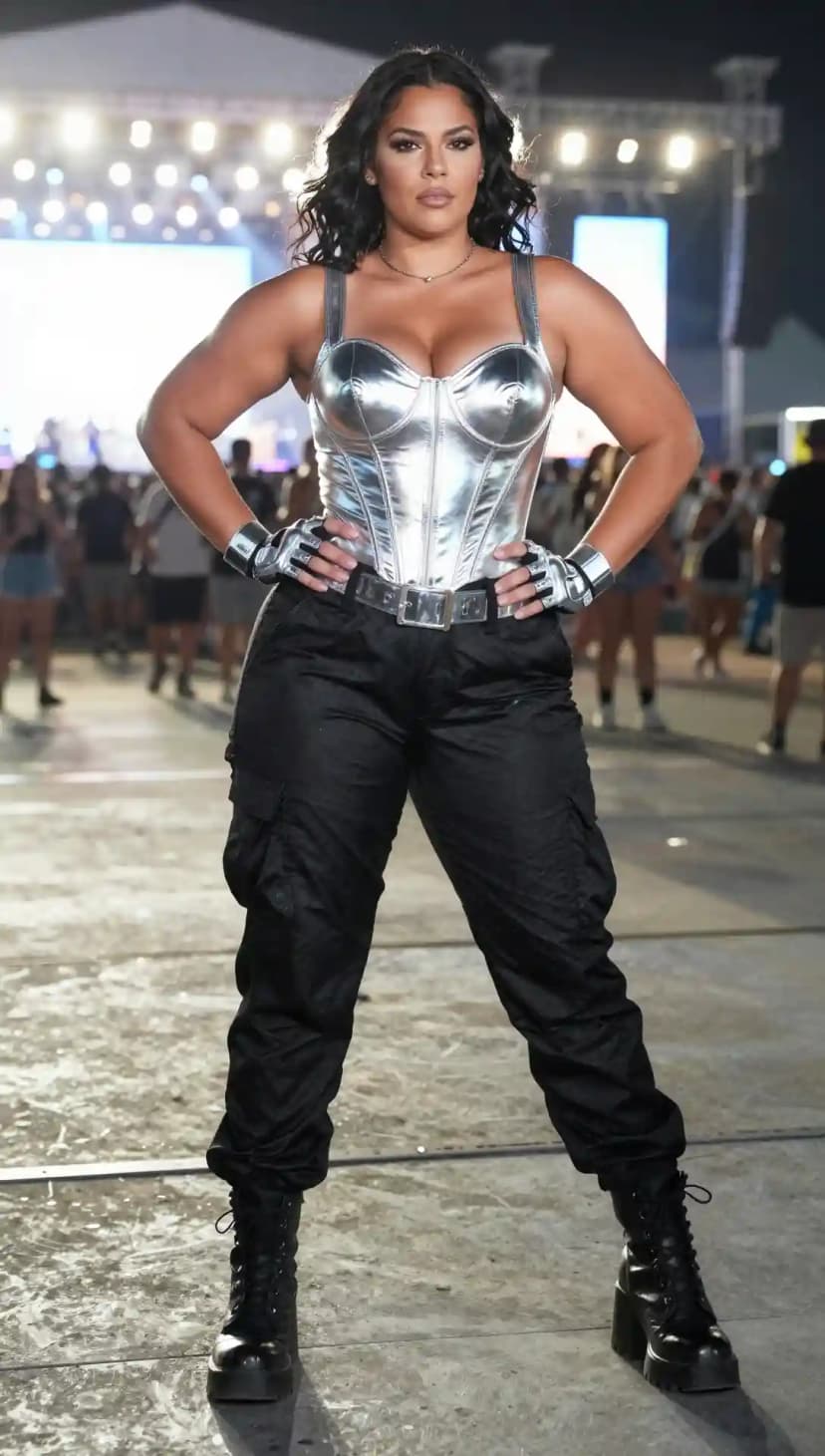 Silver Corset Top + Black Cargo Pants + Chunky Boots