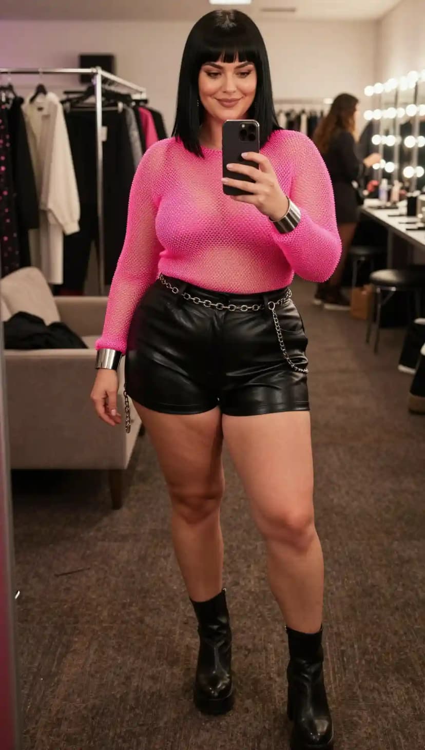 Hot Pink Mesh Top + Faux Leather Shorts + Chunky Platform Boots