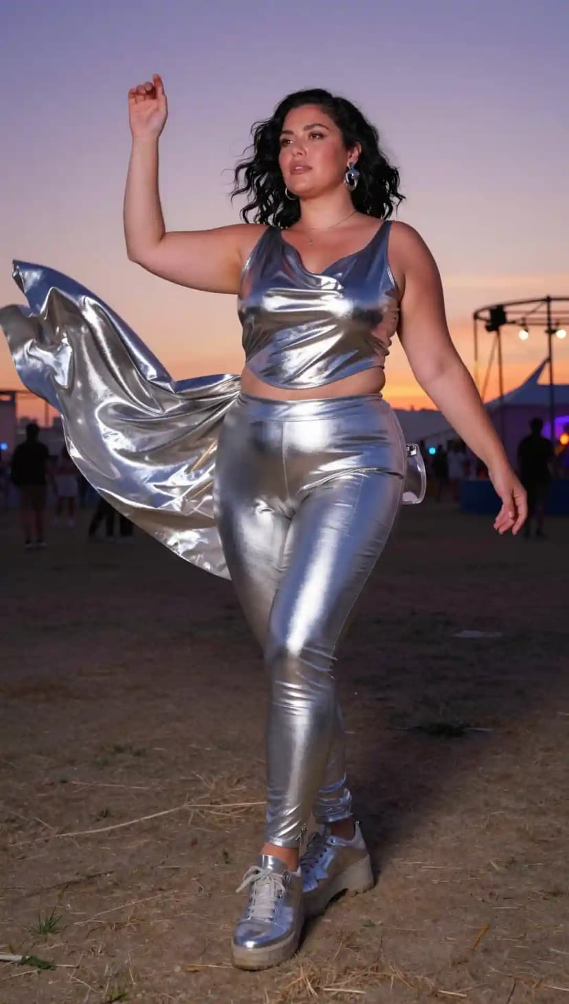 Silver Cowl Neck Crop Top + Silver Metallic Leggings + Silver Platform Sneakers