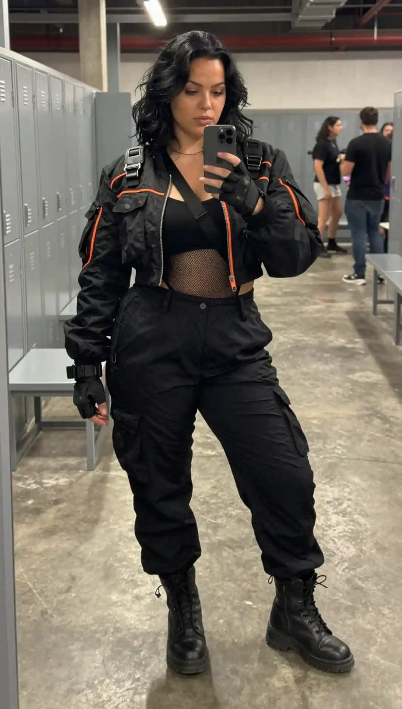 Black Bomber Jacket + Black Crop Top + Black Cargo Pants + Black Combat Boots