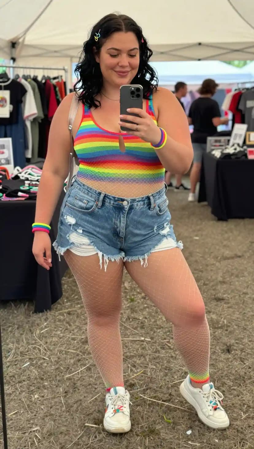 Rainbow Striped Cut-Out Tank Top + Distressed Denim Shorts + White Fishnet Tights