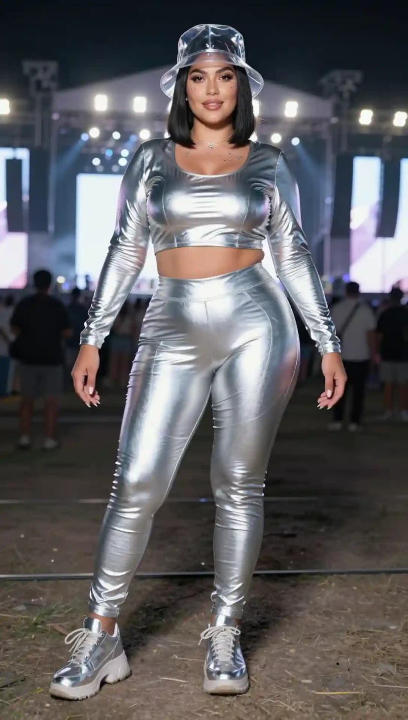 Silver Metallic Crop Top + Silver Metallic Leggings + Clear Bucket Hat
