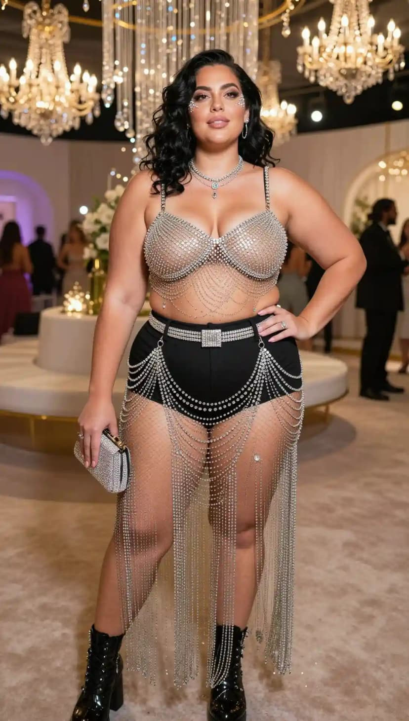 Crystal Embellished Bra Top + Black High-Waisted Shorts + Rhinestone Fringe Skirt Overlay