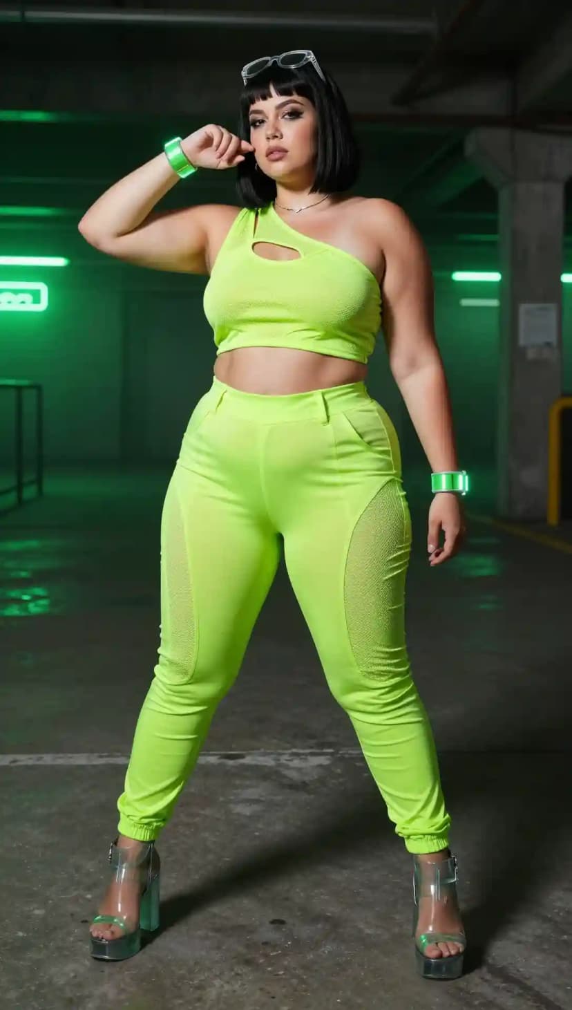 Neon Yellow One-Shoulder Crop Top + Mesh Paneled Joggers + Clear Platform Heels