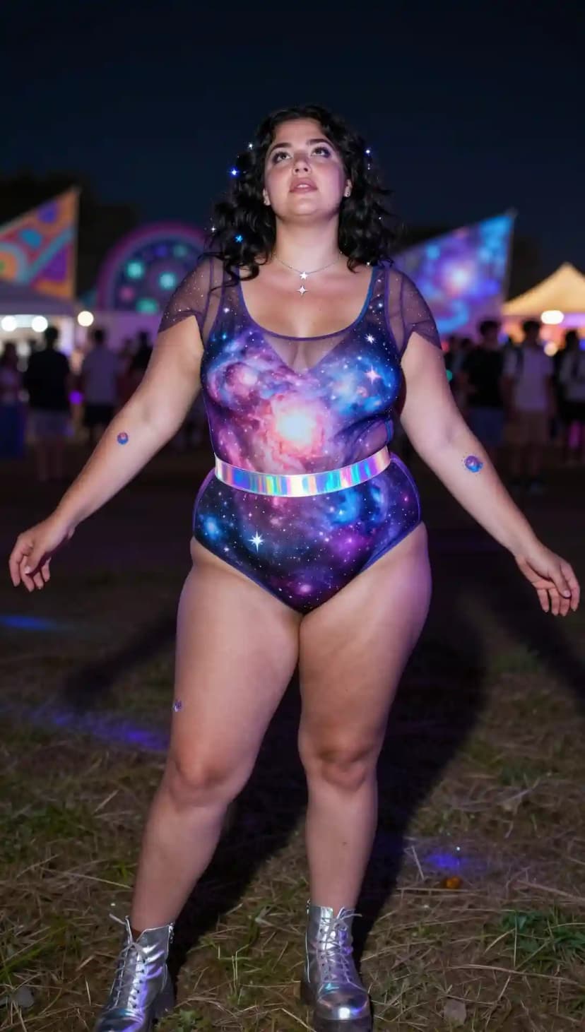 Galaxy Print Bodysuit + Holographic Belt + Silver Boots