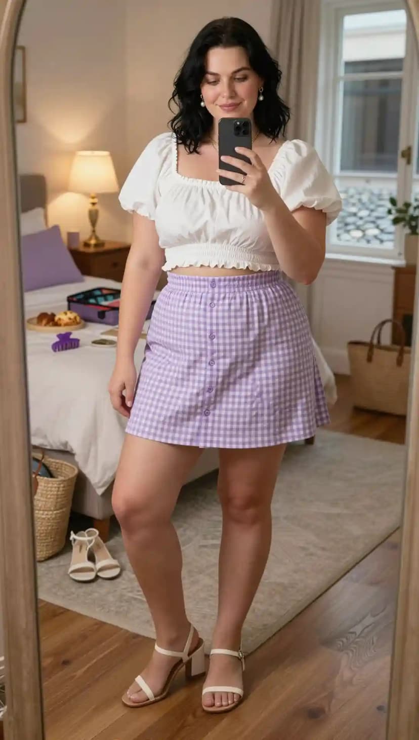 White Puff Sleeve Crop Top + Lavender Gingham Mini Skirt