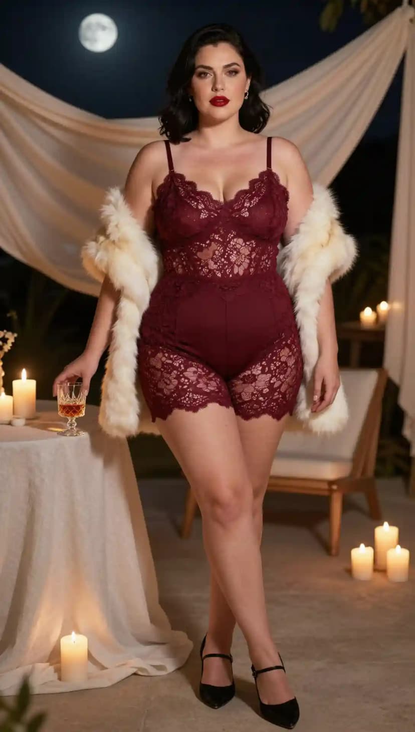 Burgundy Lace Bodysuit + Faux Fur Stole + Black Mary Jane Heels