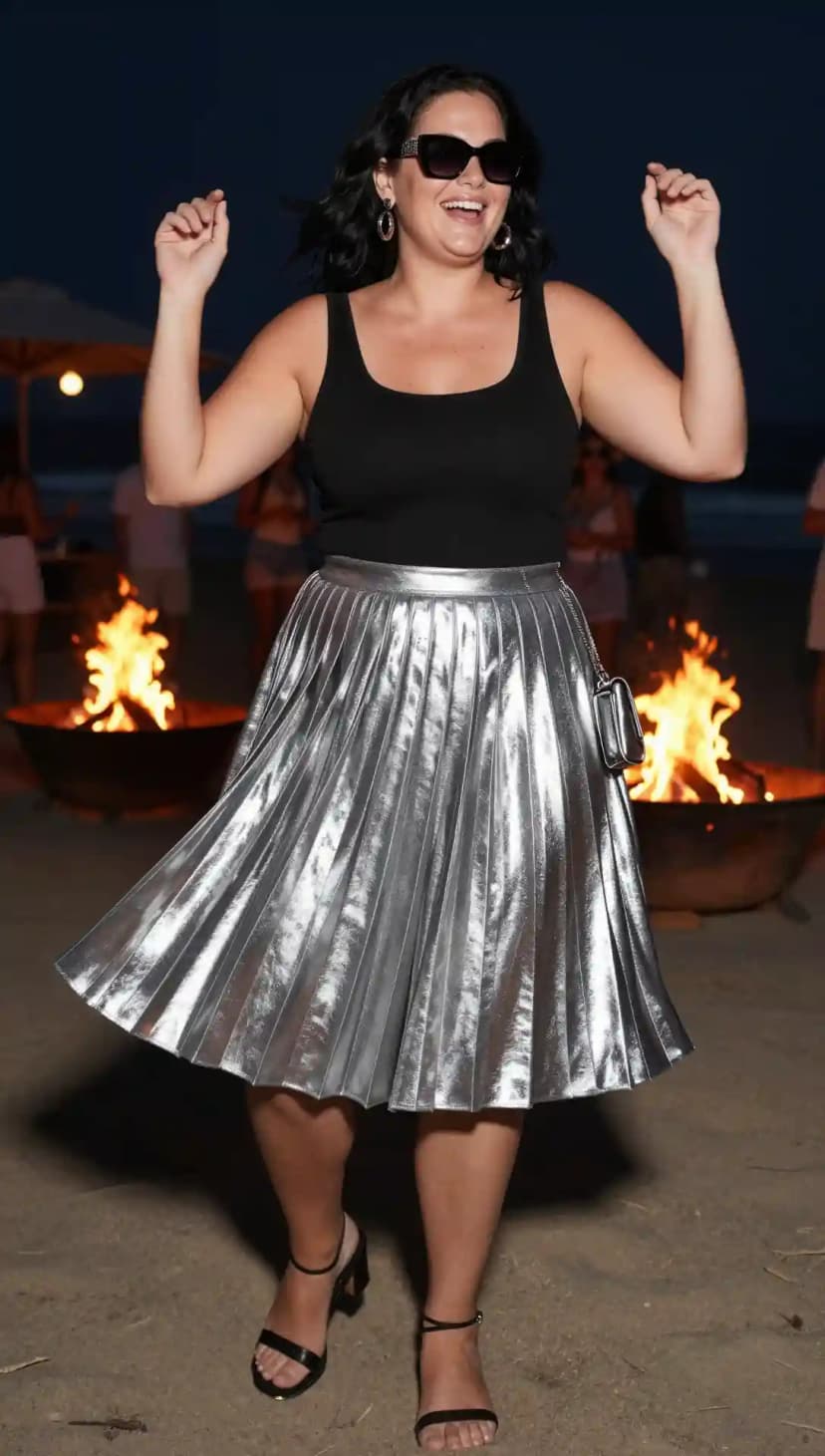 Black Ribbed Tank Top + Silver Pleated Midi Skirt + Black Strappy Heels