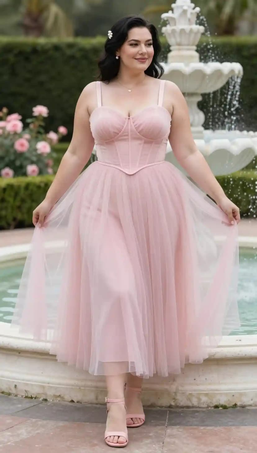 Pink Corset Midi Dress + Strappy Heels + Pearl Hair Clip + Delicate Necklace