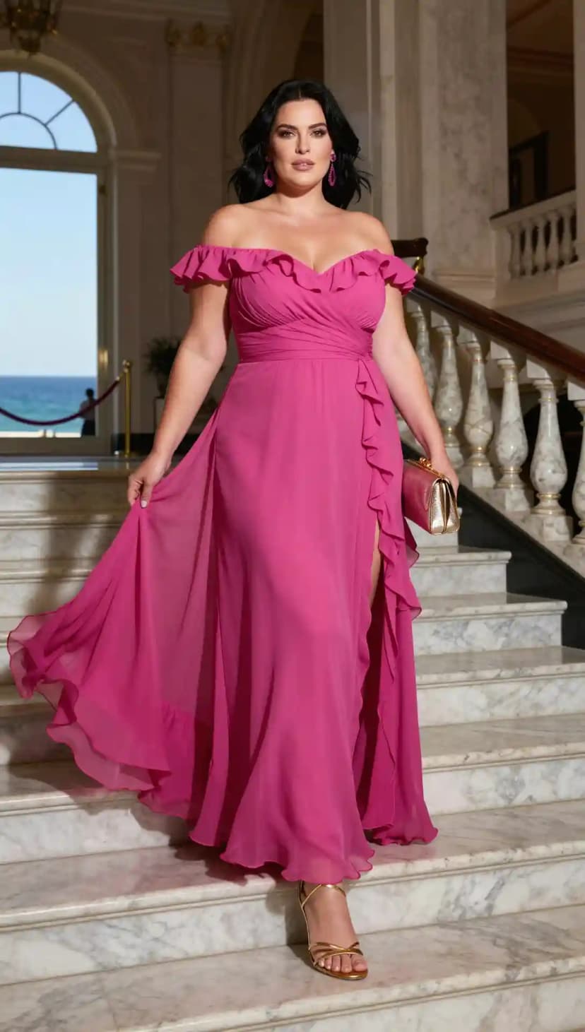 Fuchsia Off-the-Shoulder Ruffle Maxi Dress + Gold Clutch + Gold Strappy Heels