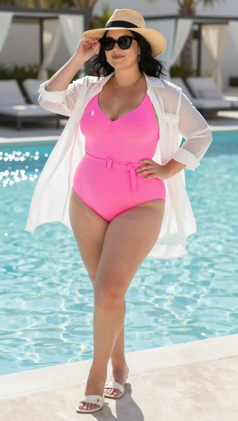 Hot Pink Belted One-Piece Swimsuit + White Sheer Button-Down Shirt + Straw Hat + White Slides