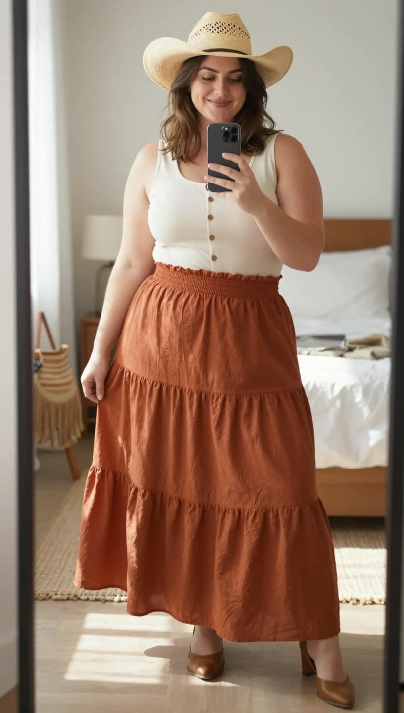 Cream Ribbed Tank Top + Rust Tiered Maxi Skirt + Tan Pointed Heels