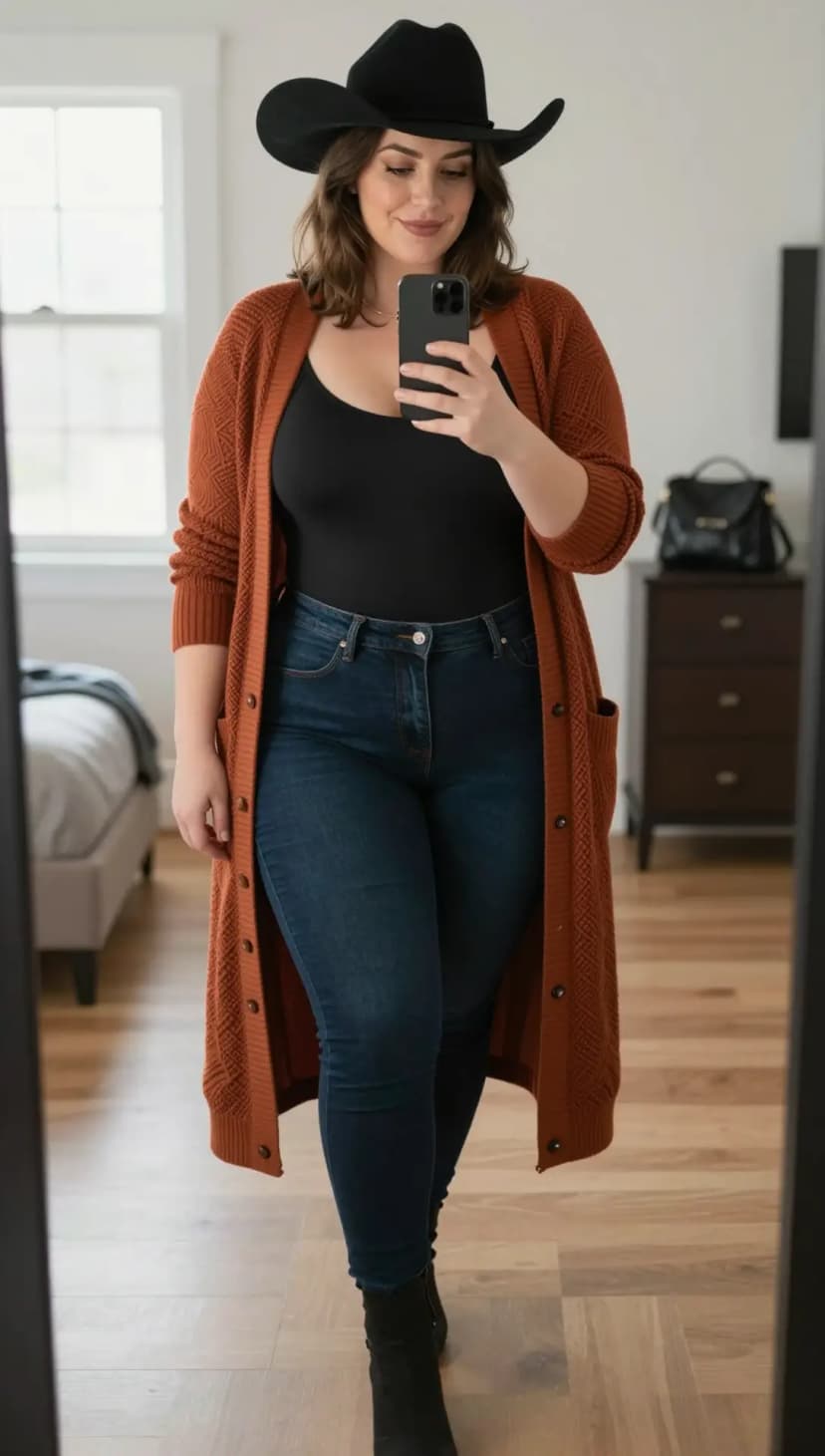 Black Tank Top + Blue Denim Skinny Jeans + Rust Knit Long Cardigan + Black Felt Cowboy Hat