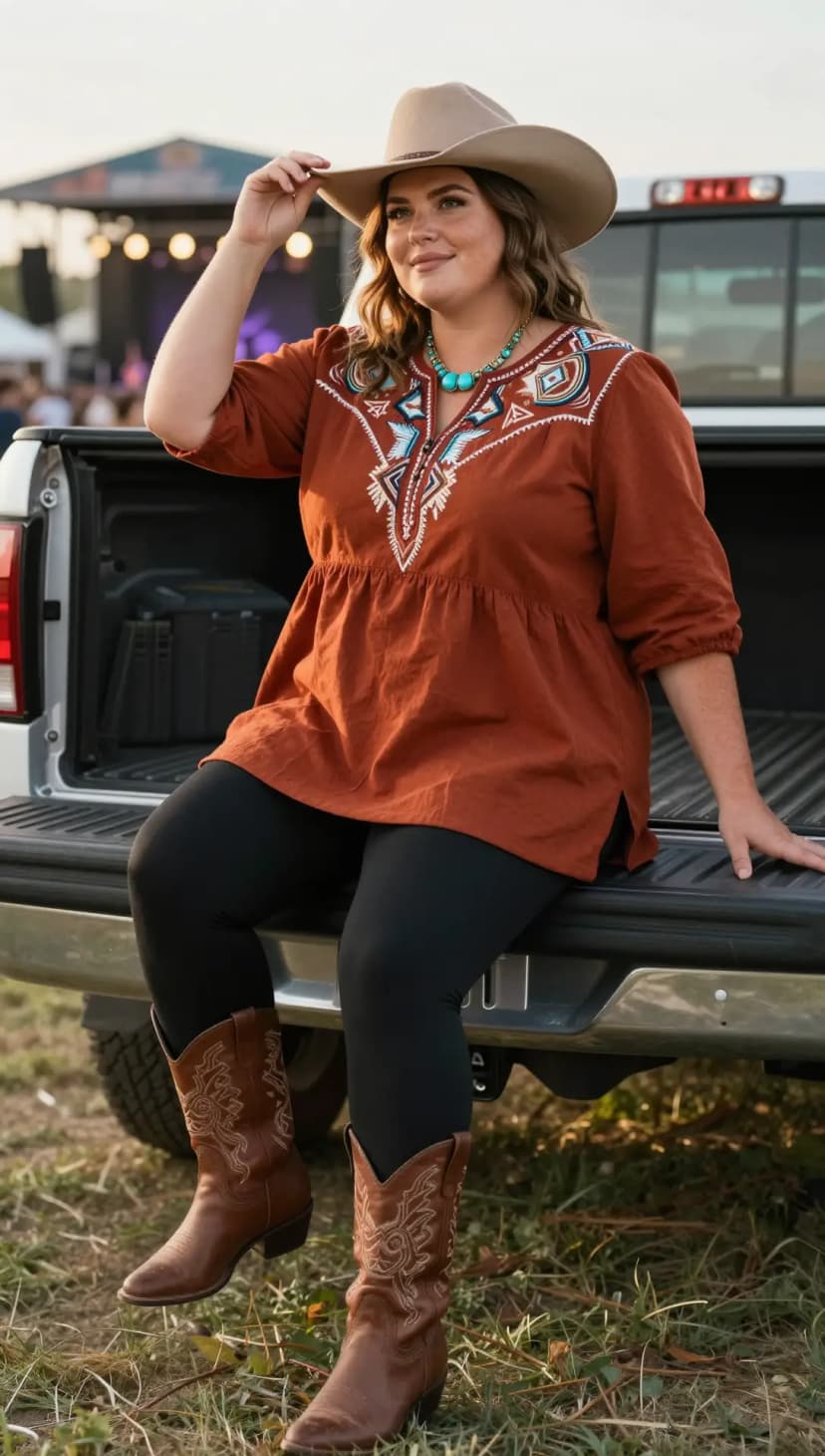 Brown Embroidered Cotton Tunic + Black Leggings + Brown Leather Boots