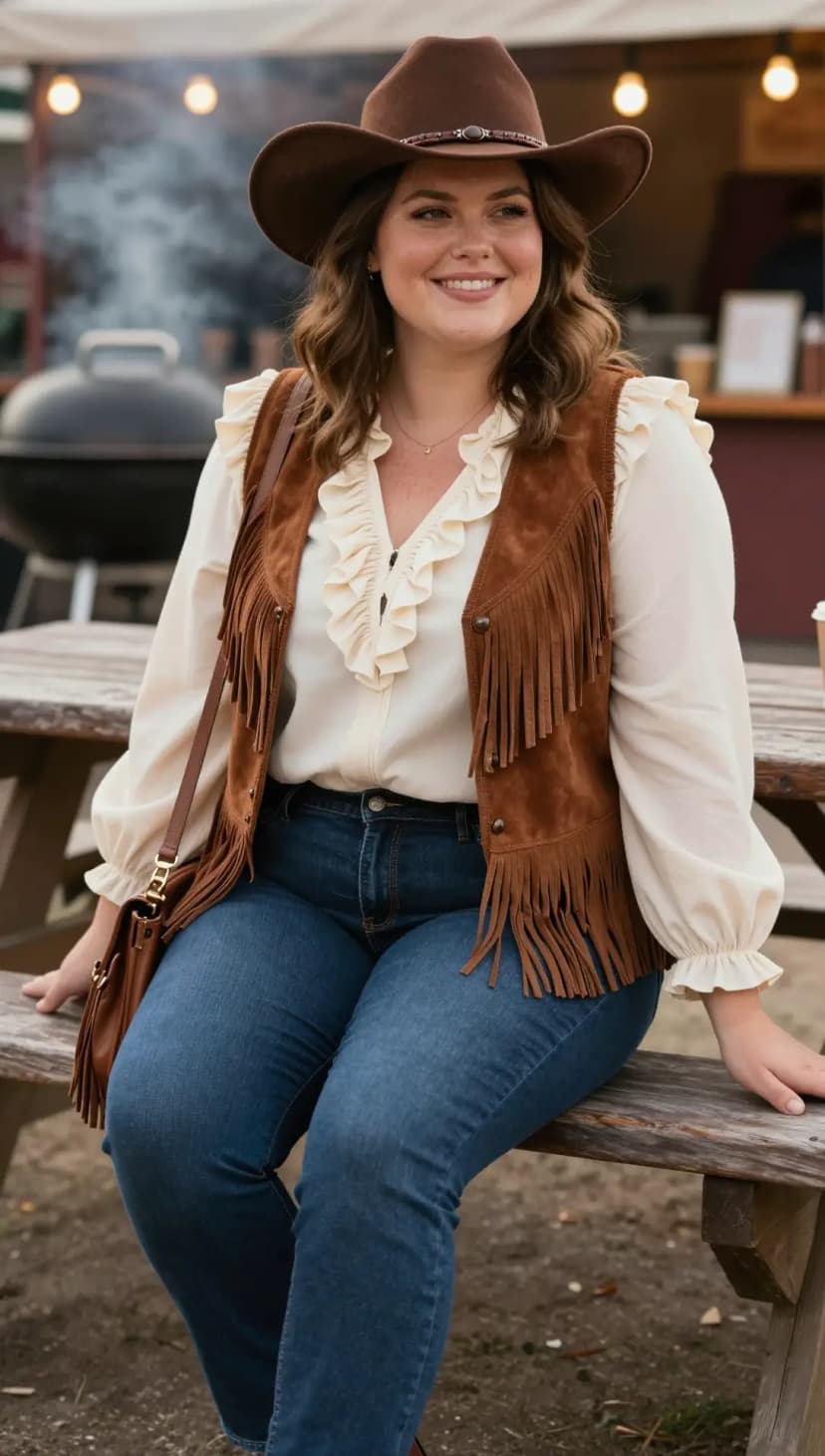 Cream Ruffle Blouse + Brown Suede Fringe Vest + Blue Denim Jeans