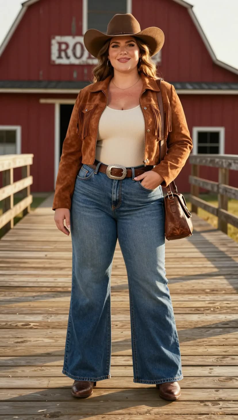 Brown Suede Fringe Jacket + Cream Ribbed Tank Top + Medium Wash Wide Leg Jeans