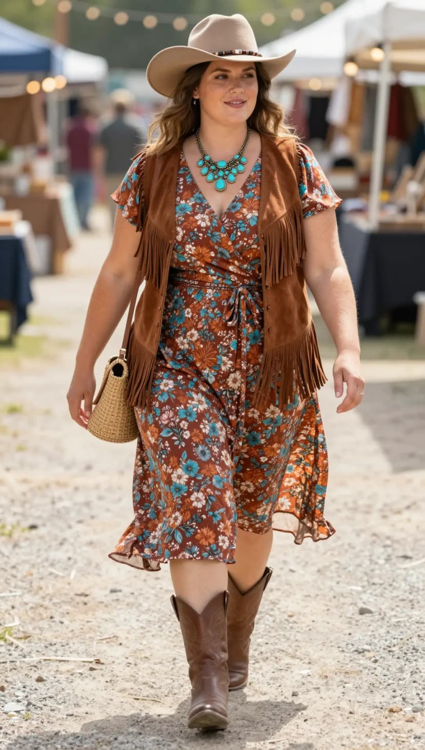 Brown Suede Fringe Vest + Brown Floral Print Midi Dress + Brown Leather Cowboy Boots