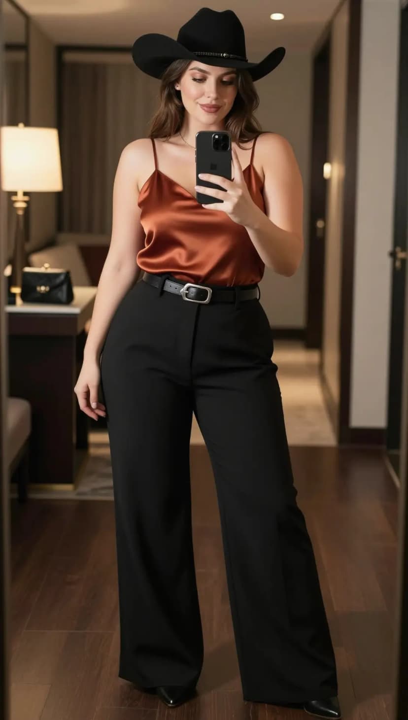 Copper Satin Camisole + Black Wide-Leg Trousers + Black Felt Cowboy Hat