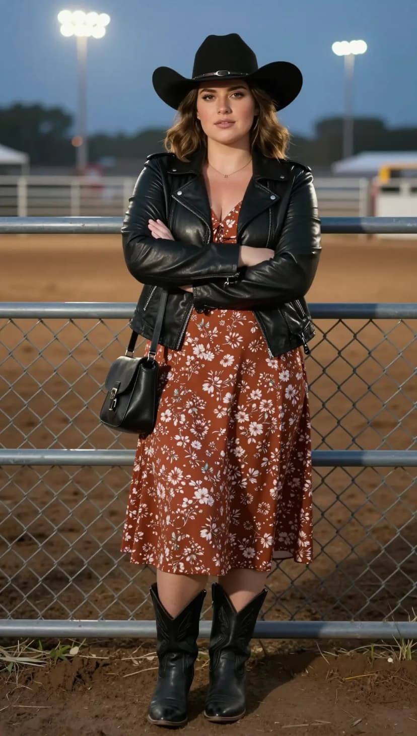Black Leather Biker Jacket + Rust Floral Print Midi Dress + Black Leather Cowboy Boots