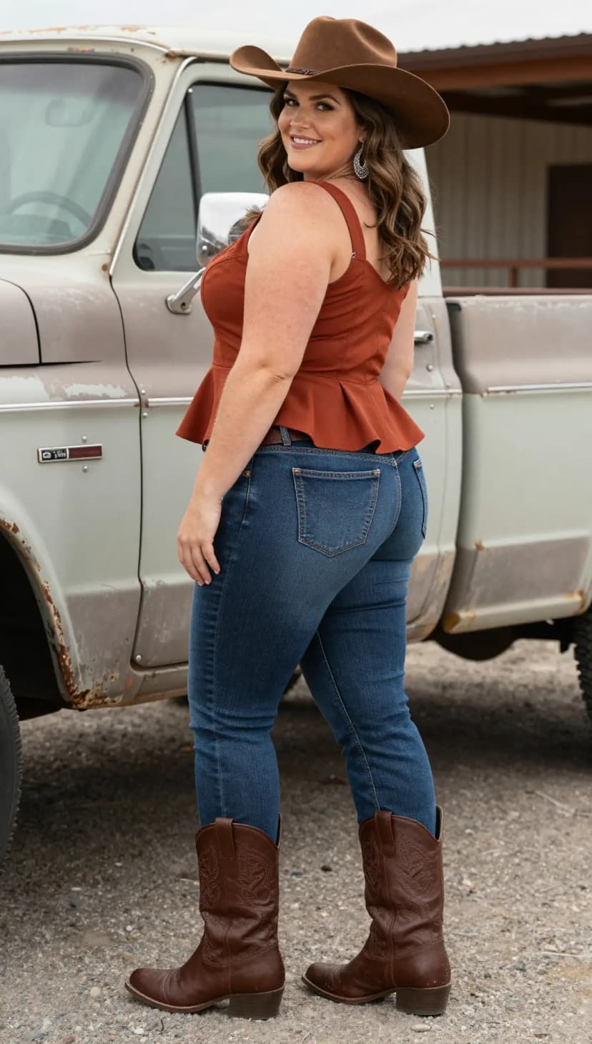 Rust Peplum Top + Blue Denim Jeans + Brown Leather Cowboy Boots