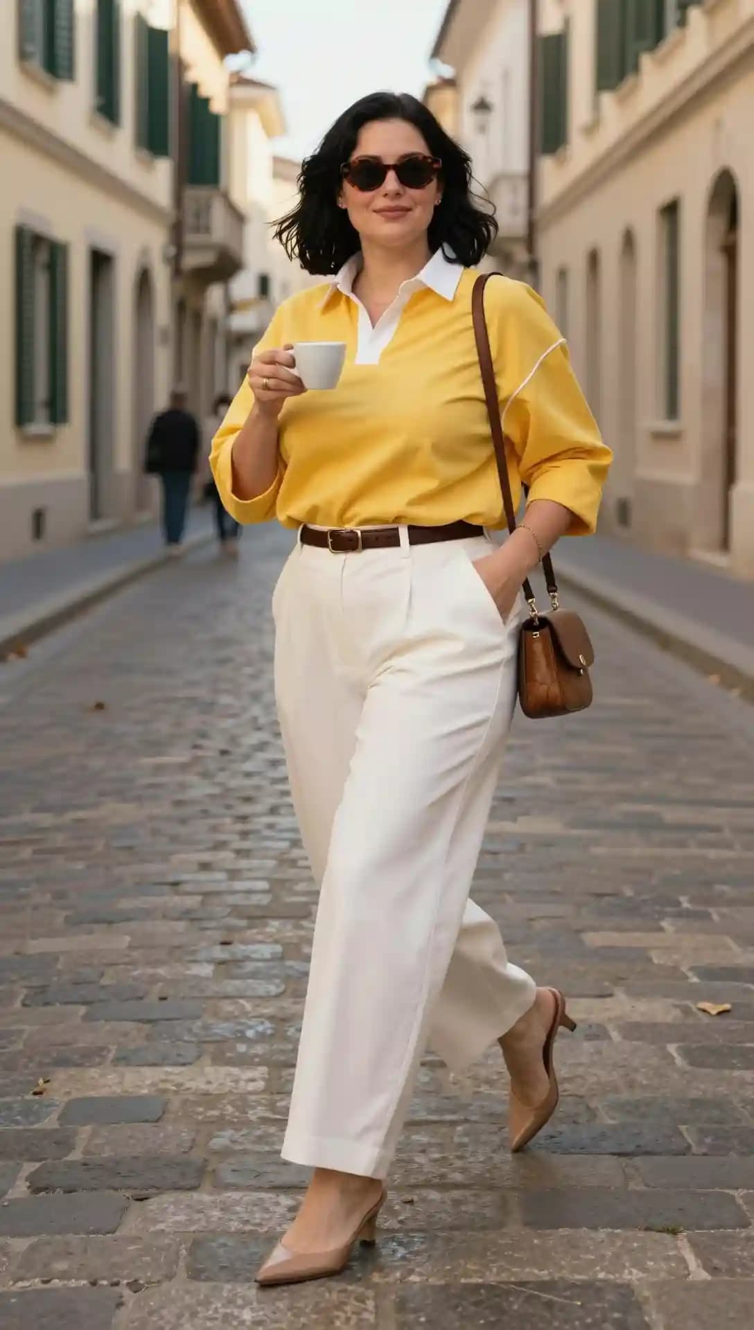 Yellow Rugby Shirt + White Wide-Leg Pants + Brown Belt