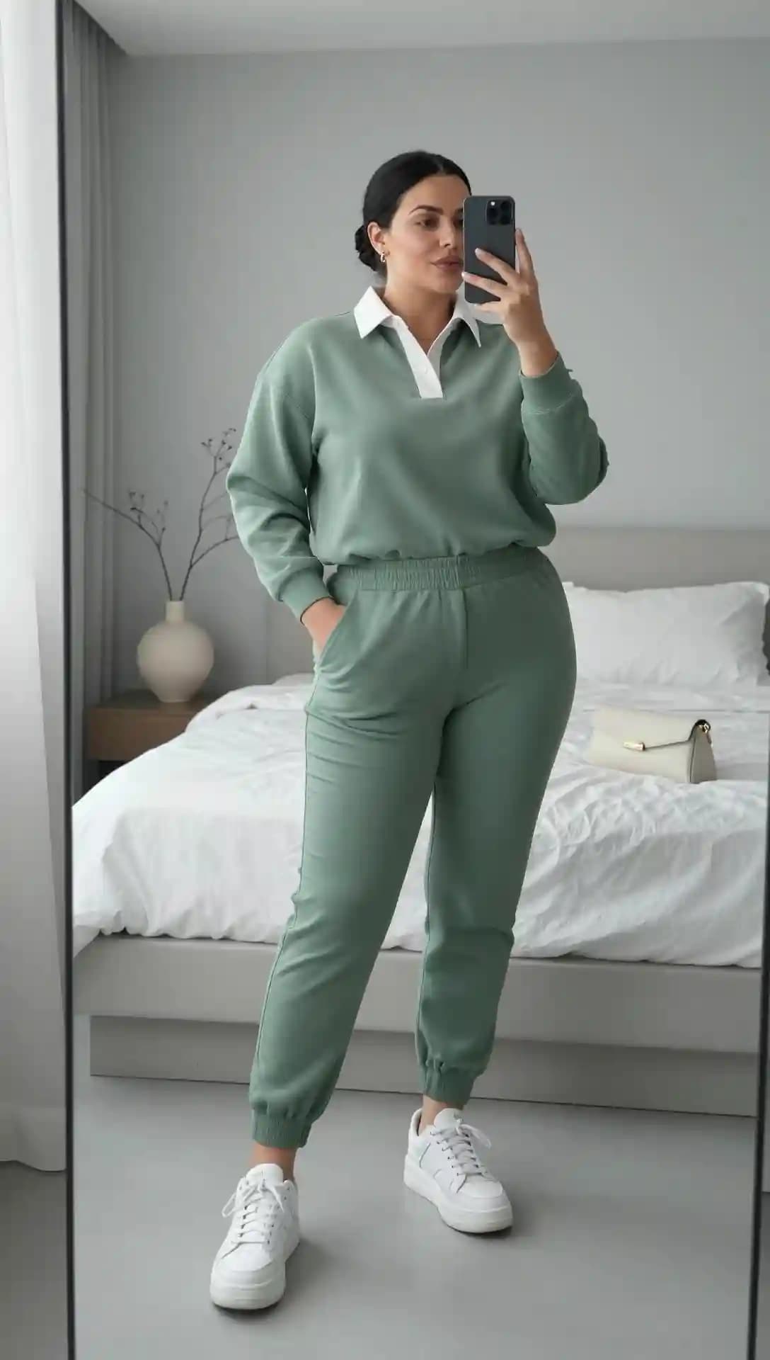 Sage Green Rugby Sweatshirt + Matching Sweatpants + White Sneakers