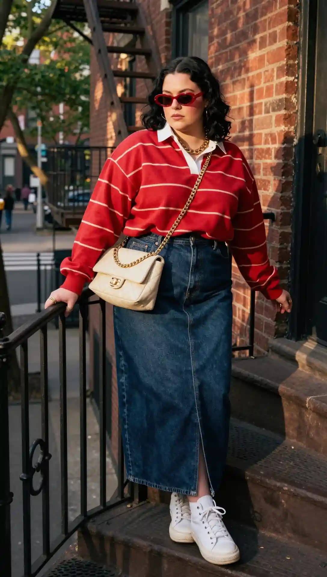Red and White Striped Rugby Top + Denim Maxi Skirt + White Sneakers