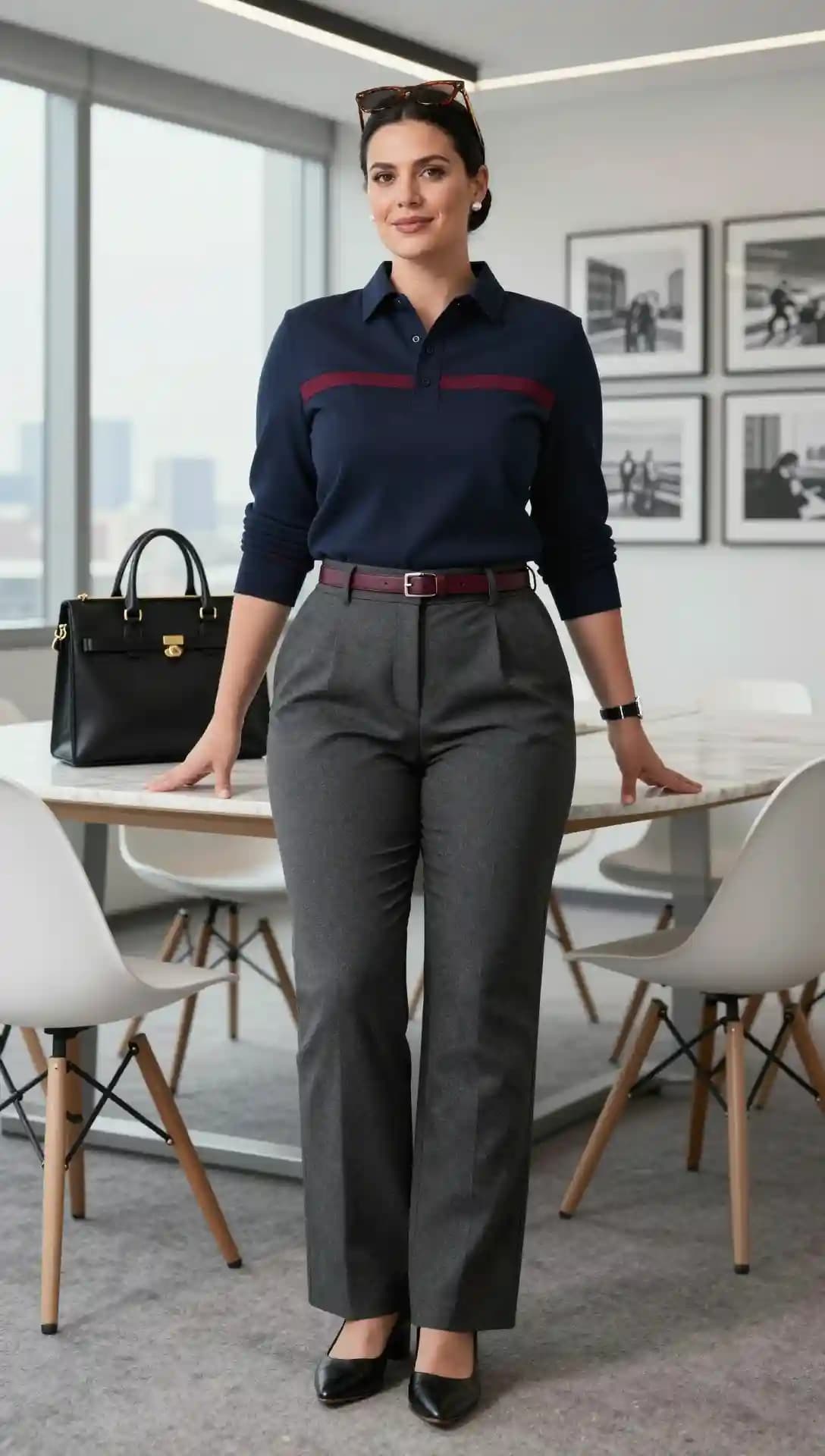 Navy Long-Sleeve Rugby Polo + Grey Tailored Trousers