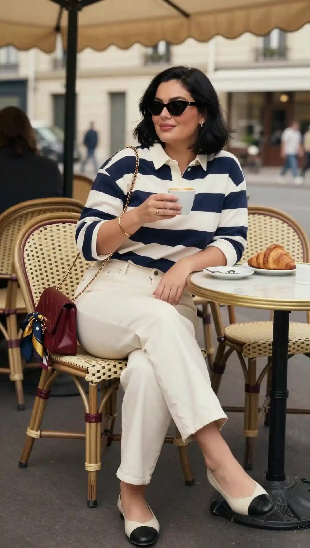 Navy and White Striped Rugby Top + Cream Crossbody Bag + White Sneakers