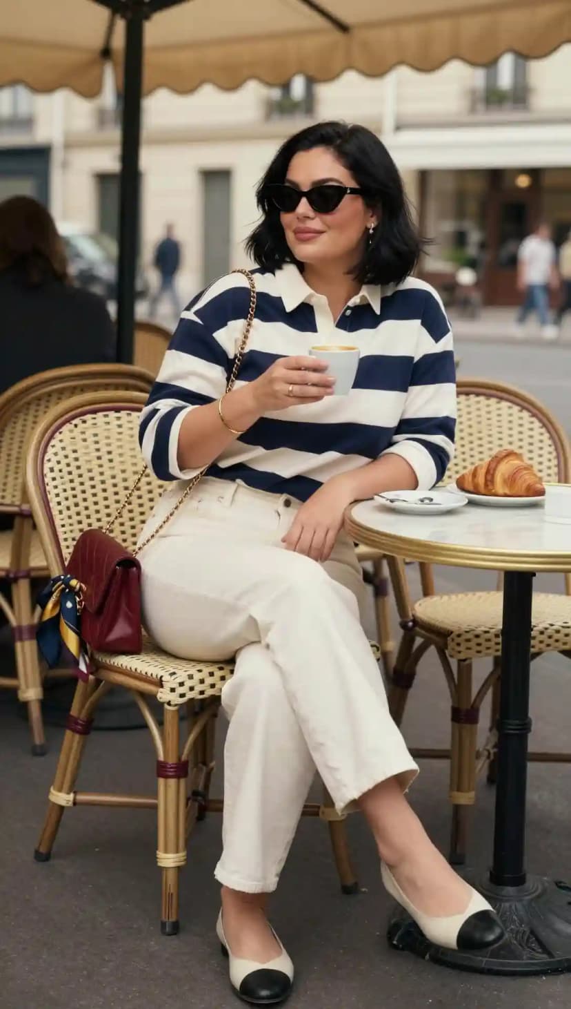 Navy and White Striped Rugby Top + Cream Crossbody Bag + White Sneakers