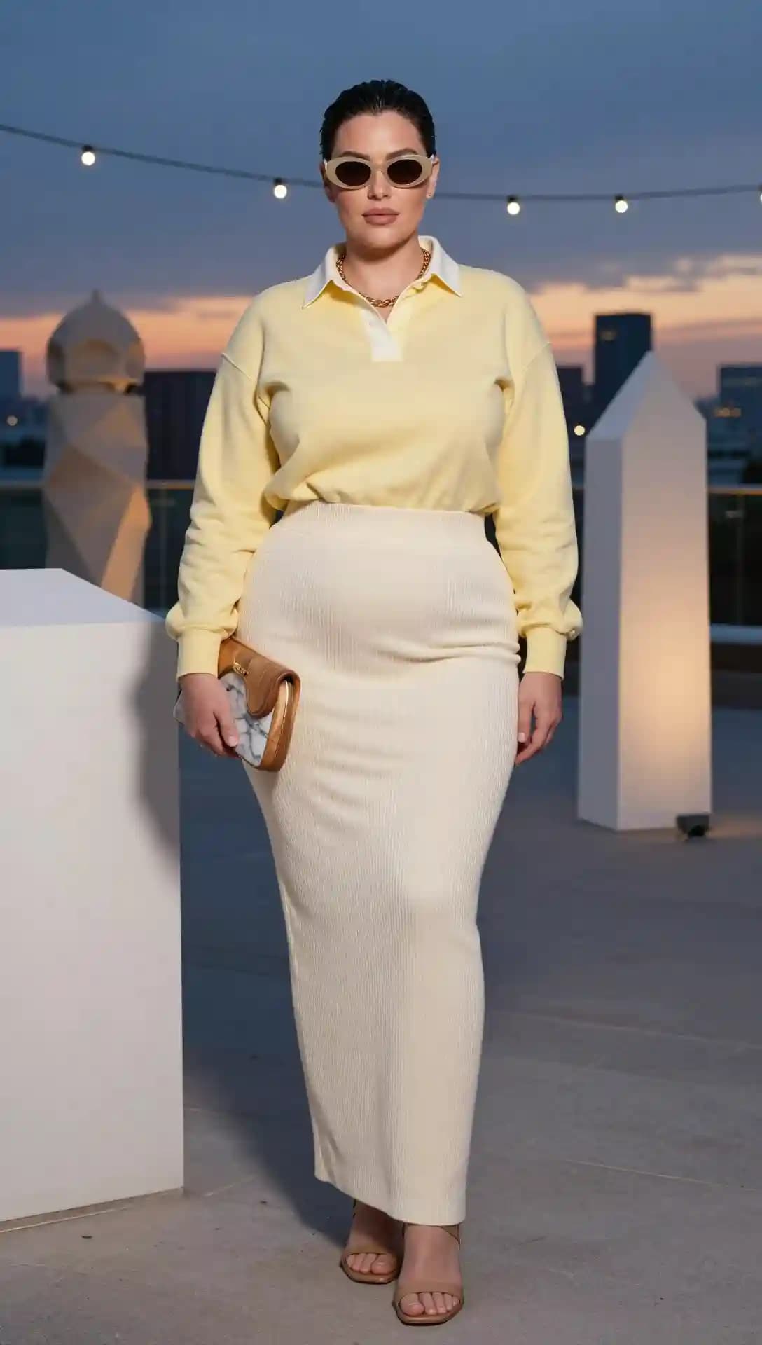 Pale Yellow Rugby Sweatshirt + Cream Ribbed Maxi Skirt + Nude Sandals