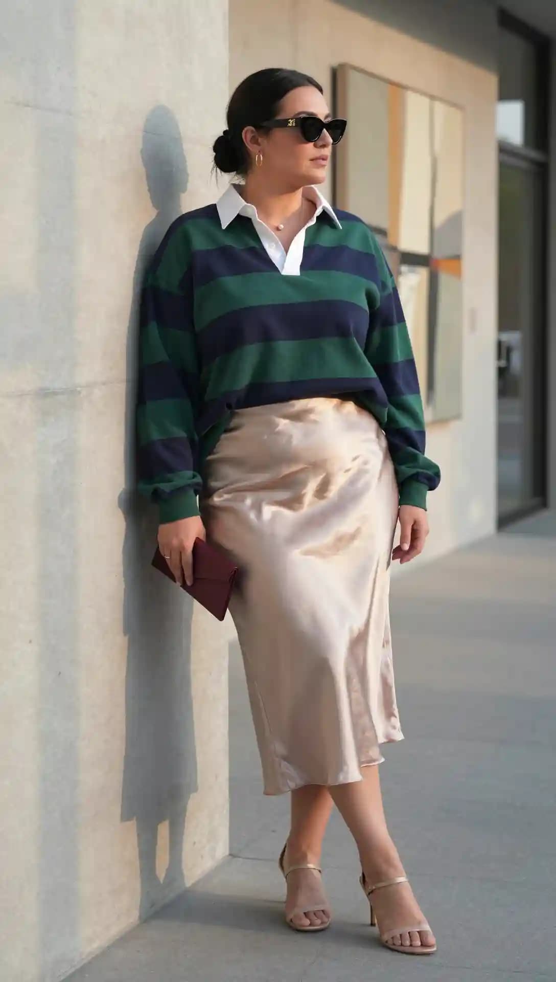 Green Striped Rugby Sweatshirt + Champagne Satin Midi Skirt + Gold Strappy Heels