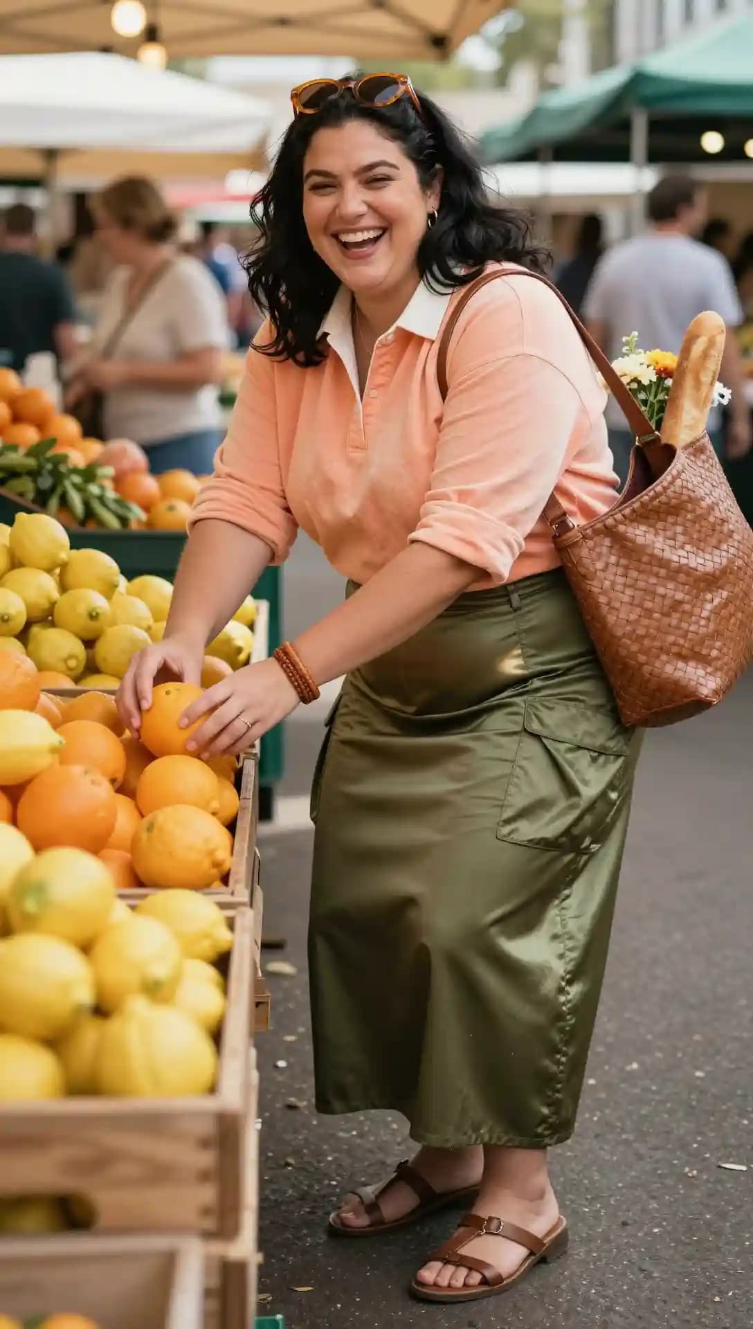 Peach Rugby Top + Olive Green Cargo Skirt + Brown Leather Sandals