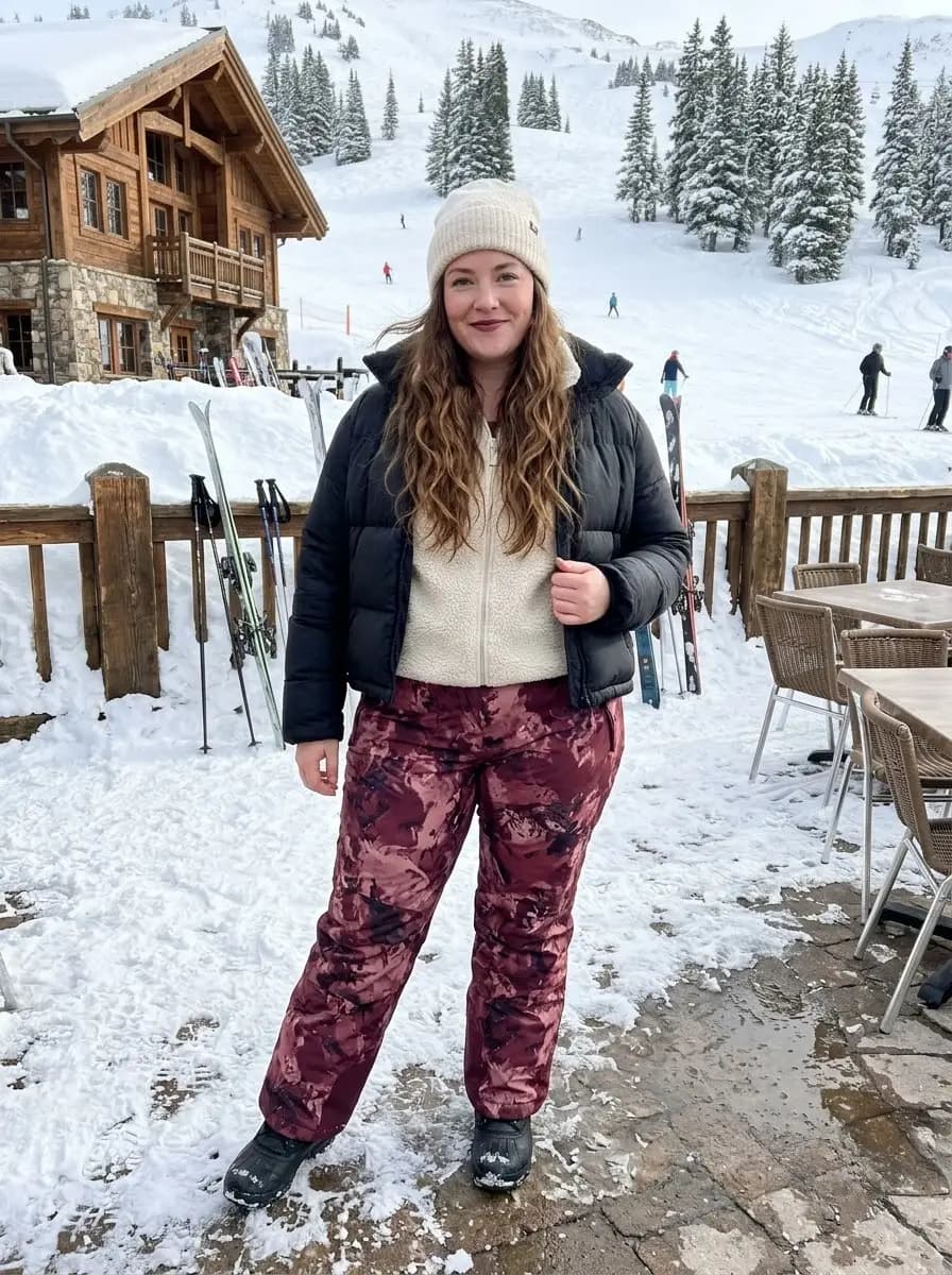 Black Puffer Jacket with Cream Sherpa Half-Zip & Pink Camouflage Snow Pants