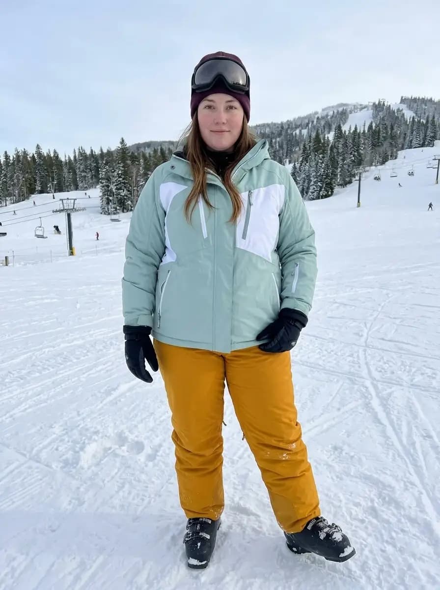 Mint Green Ski Jacket with Mustard Yellow Ski Pants